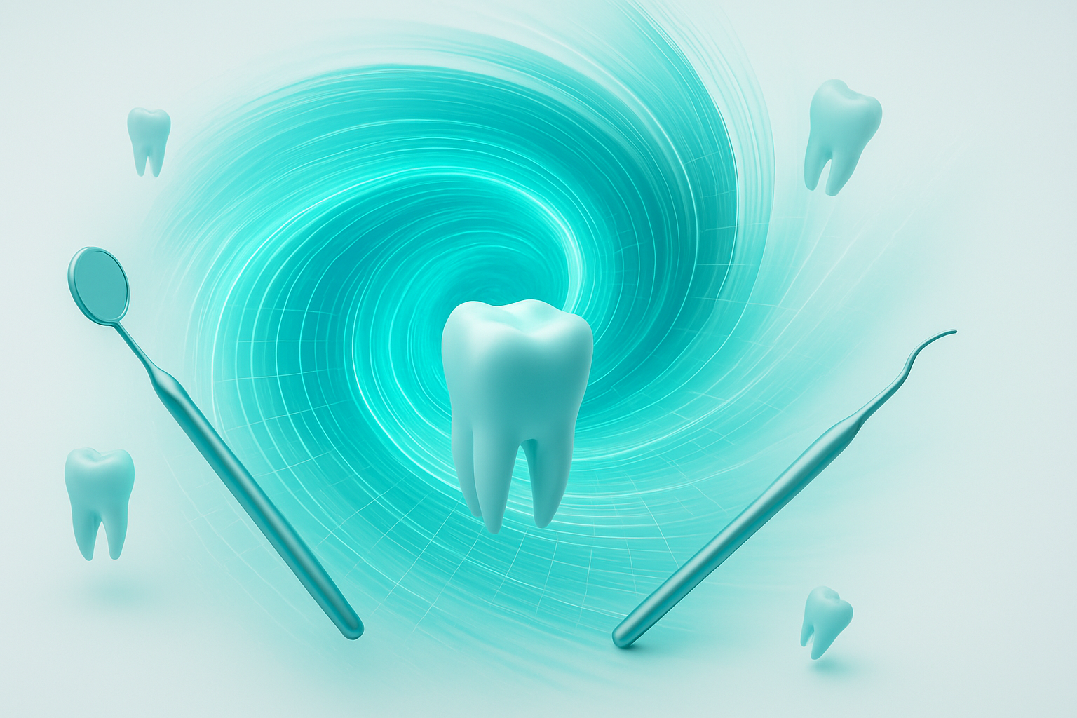 CleverSmile brand artwork (AI-generated · gpt-image-1-mini) — a swirling vortex of light beams and digital grids, interspersed with 3D models of teeth and dental tools, symbolizing the fusion of