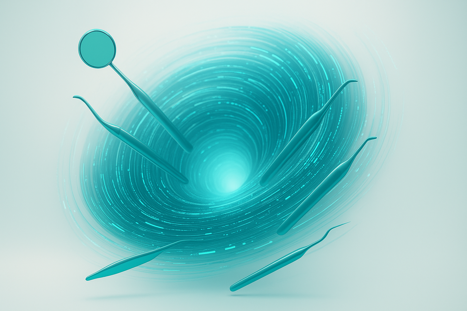 CleverSmile brand artwork (AI-generated · gpt-image-1-mini) — a swirling vortex of digital data streams and glowing dental tools, illuminated by soft light, representing the fusion of AI technology and